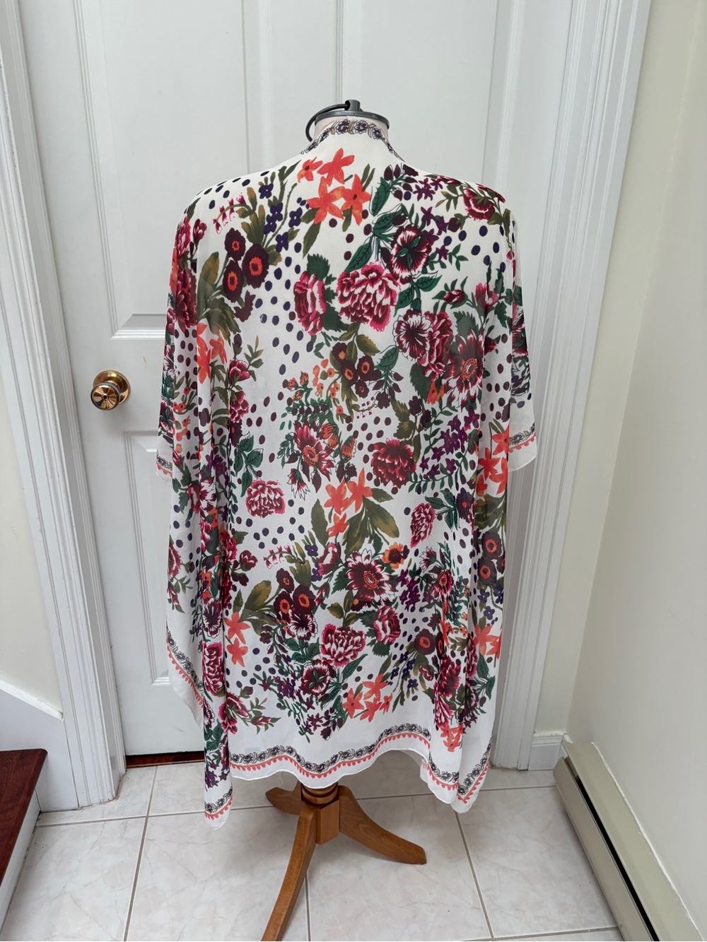 Floral Polka Dot Open-Front Kimono- White with Pink & Green - Picture 8 of 9